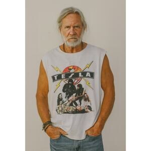 Vintage 90s Tesla Psychotic Supper Sleeveless Graphic Tour T-Shirt White Multi